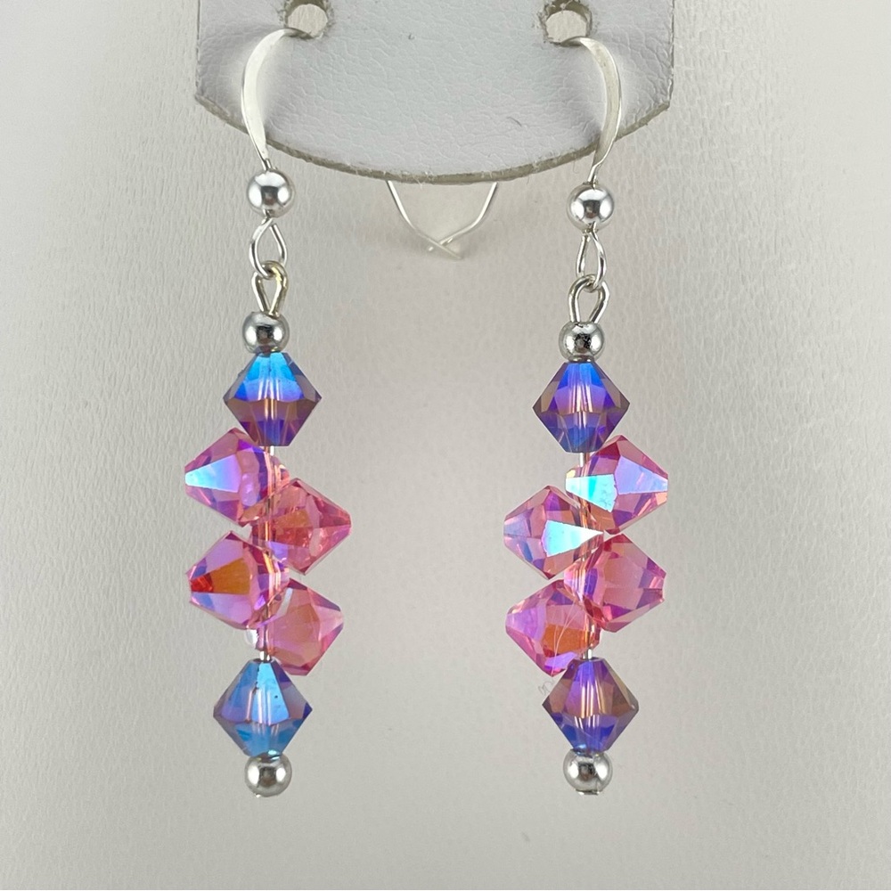 Beautiful Swarovski Sterling Pink and Purple White AB Beaded Dangle Earrings